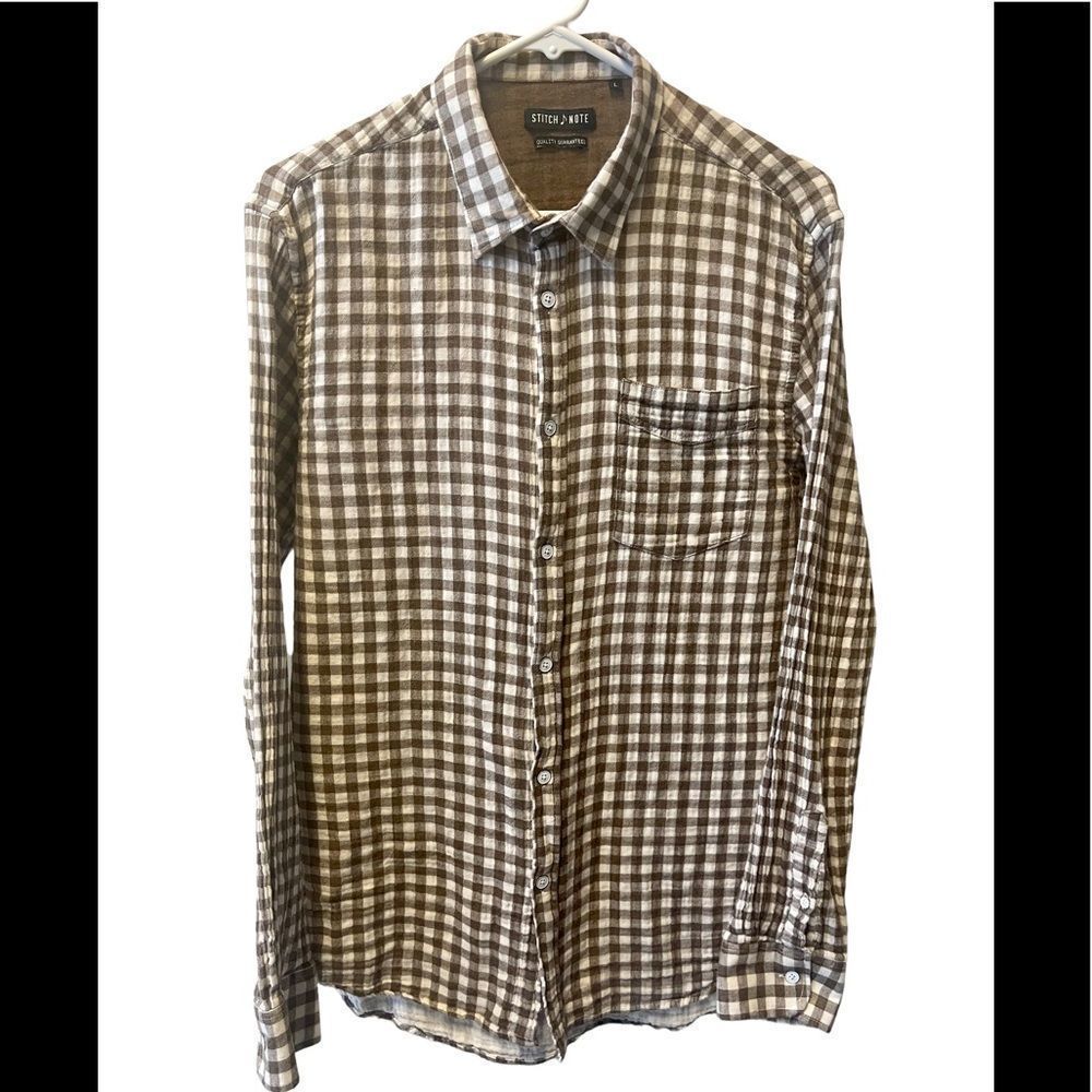 STITCH note, men’s long sleeve button up, size large, white and brown plaid